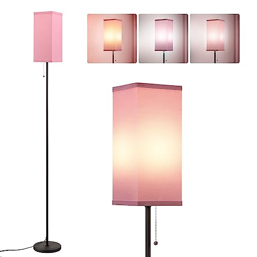 Ziisee Pink Floor Lamps for Bedroom Modern- 3 Color Temperature Standing Lamps with Pull Chain Switch, Tall Lamp for Office Home Nursery and Hotel, Pole Lamp for Kids Room Reading Girls - Pink-Black