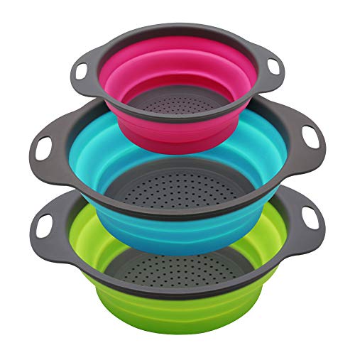 Qimh Collapsible Colander Set of 3 Round Silicone Kitchen Strainer Set - 2 pcs 4 Quart and 1 pcs 2 Quart- Perfect for Draining Pasta, Vegetable and fruit (green,blue, purple) - green,blue, purple