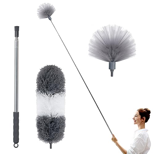 BOOMJOY Microfiber Feather Duster with Extendable Pole, 100" Telescoping Cobweb Duster for Cleaning, Bendable Head, Scratch-Resistant Cover, Washable Duster for Ceiling, Fan, Furniture - Dark Grey
