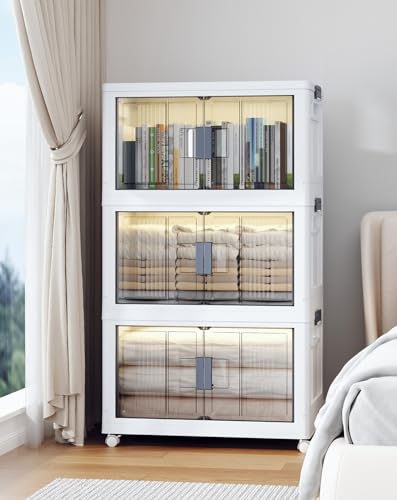 OlarHike 48QT Storage Bins with Lids - Folding Storage box with Doors and Wheels, Collapsible Plastic Storage Bins for Closets, Stackable Storage Organizer, Storage Containers for Closet, 3 Pack Cubes - 48QT - 3Pack