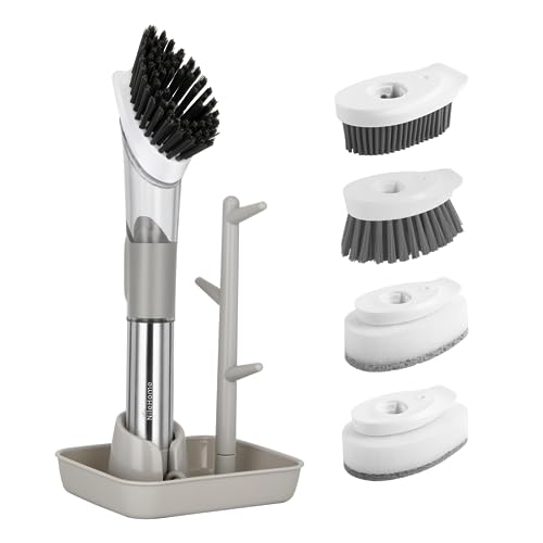 NileHome Soap Dispensing Dish Brush Set, Dish Scrubber with 4 Replaceable Heads Dish Brush with Handle for Pot Pan Sink Cleaning - Grey Plus