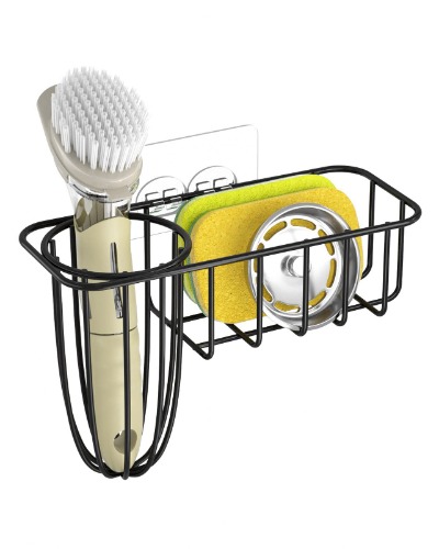 HULISEN Sponge Holder for Kitchen Sink, 3-in-1 Kitchen Sink Caddy with Dish Brush Holder, Stainless Steel Sponge Caddy for Soap, Sponge and Scrubber, No Drill and Rustproof, Black - Black