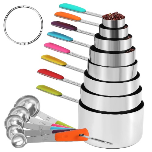 11Pcs Stainless Steel Measuring Cups and Spoons Set, Stackable Metal Measure Cup, Widely Used Kitchen Dry Food, Cooking Baking Measurements (Kitchen Funnel) - 8Cups + 5 Spoons
