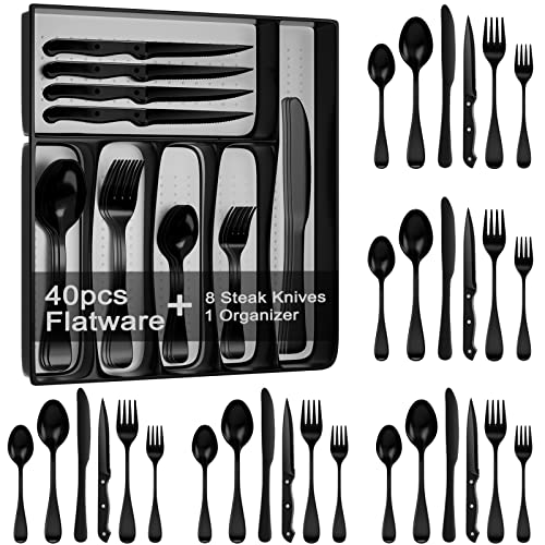 49-Piece Black Silverware Set with Drawer Organizer, Stainless Steel Cutlery for 8 with Matte Steak Knives, Forks, Spoons - Dishwasher Safe - 49PCS Black with Organizer
