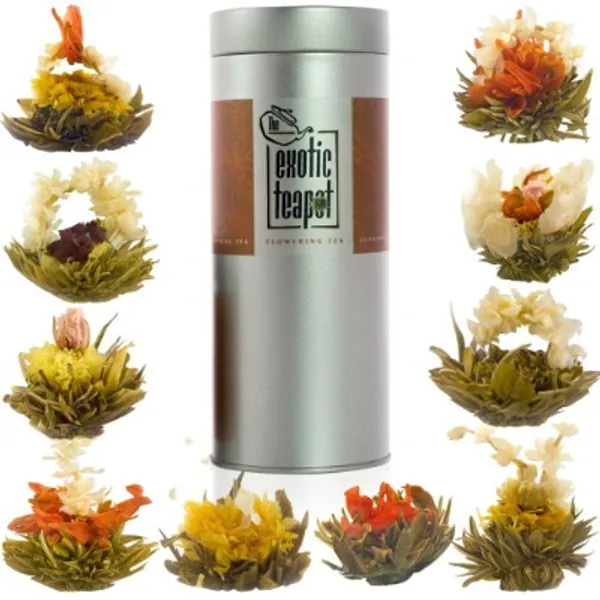 The Exotic Teapot - Flowering Tea Sampler Tin, 10 Varieties of Blooming Tea, All Different Flavours, Jasmine Tea, Vacuum Sealed Flower Tea Balls