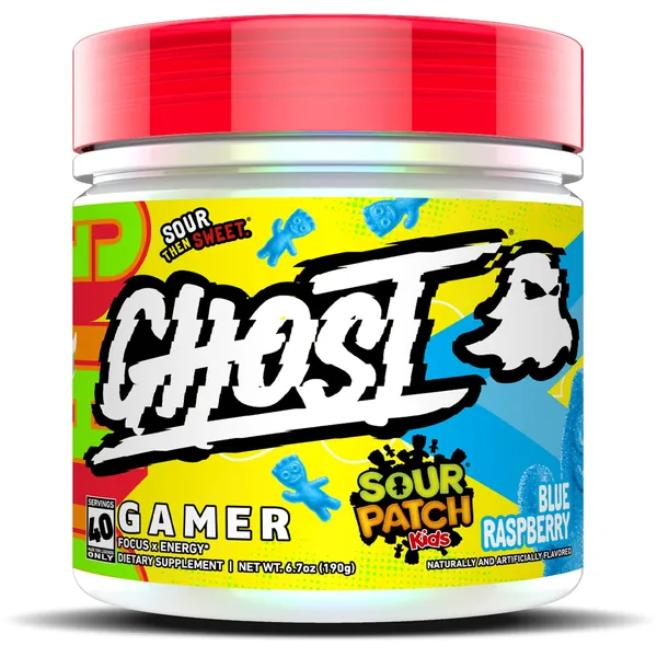 GHOST Gamer: Energy and Focus Support Formula - 40 Servings, Sour Patch Kids Blue Raspberry - Brain-Boosting Nootropics & Natural Caffeine for Attention, Accuracy & Reaction Time - Vegan, Gluten-Free - SOUR PATCH KIDS Blue Raspberry