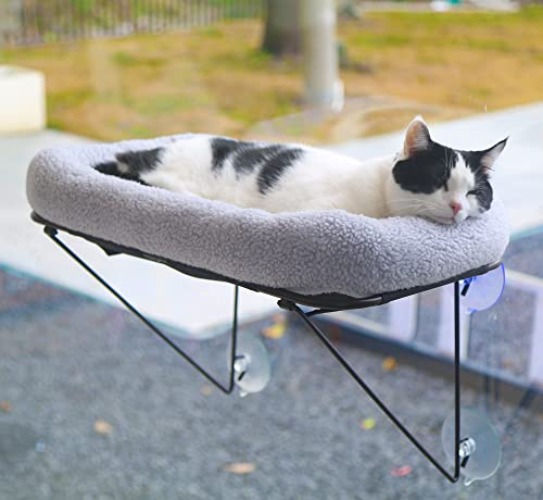 Zakkart Cat Window Perch - 100% Metal Supported from Below - Comes with Warm Spacious Pet Bed - Cat Window Hammock for Large Cats & Kittens - for Sunbathing, Napping & Overlooking (Grey) - Grey