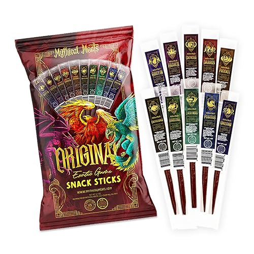 Mythical Meats Original Exotic Flavor Sampler Pack – 10 Exotic Game and Beef Snack Sticks – Dried & Dehydrated Meats Seasoned to Perfection – High Protein Snacks - Original (Assorted)