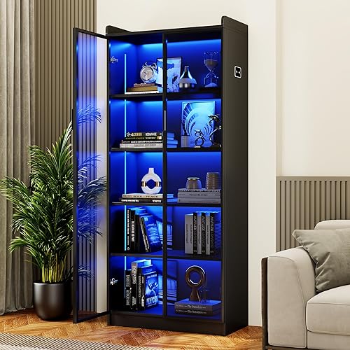 Display Cabinet with Doors and Adjustable Shelves, 65" Tall Bookcase with LED Lights/Human Sensor, 5 Tier Display Case for Collectibles Bedroom Living Room Office, Black - Smoked Black Door - Black