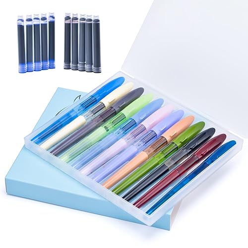 12 PCS Jinhao Mako Fountain Pen Fine Nib with 10 Cartridges (5 Black+5 Blue) Diversity Color Lot Shark Pens Case Set with Refillable Converters - Shark Fine