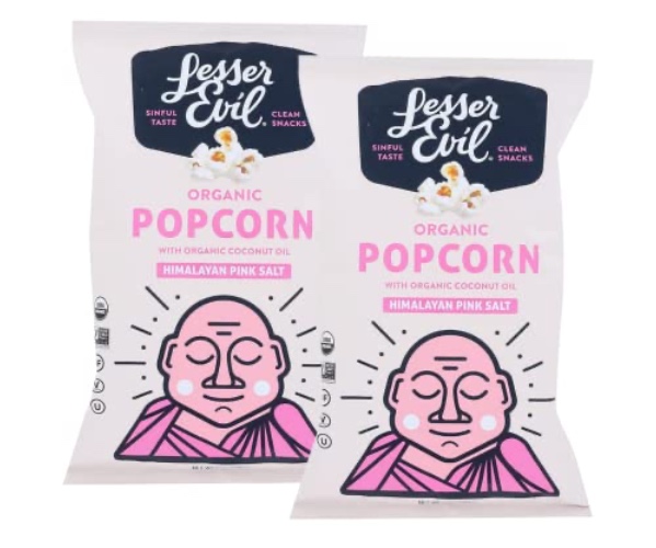 Organic Popcorn Flavored with Himalayan Pink Salt by Lesser Evil, Vegan Air Popped Popcorn with Organic Coconut Oil, Less Fat, More Fiber and Fewer Calories, Your Ideal Organic Snacks for 2 Packs of 5 Oz Each