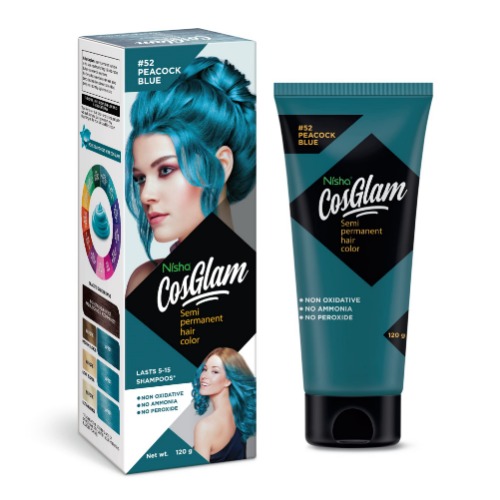 Nisha Cosglam Vegan And Cruelty Free Semi Permanent Hair Color, Blue Hair Dye With Infused Conditioner | No Ammonia, No Peroxide, Non Oxidative Hair Colour - 120g / 4.06 Fl Oz (#52 Peacock Blue) - #52 Peacock Blue