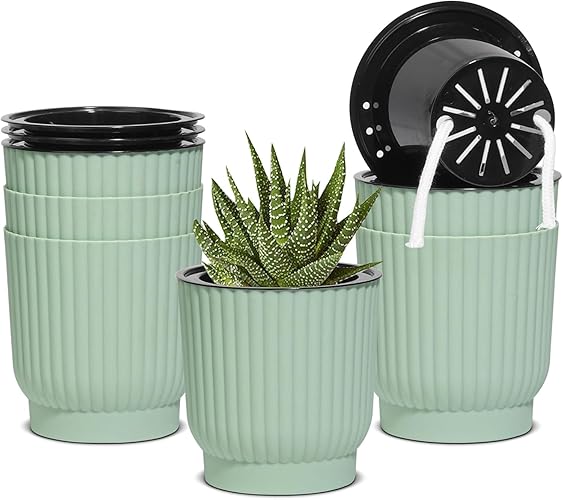 T4U 4 Inch Self Watering Pots 6 Pack, Plastic Plant Pots with Holder, Windowsill Flowers Pots for All Indoor Outdoor Plants, African Violets (Green) - 4 inch - Green