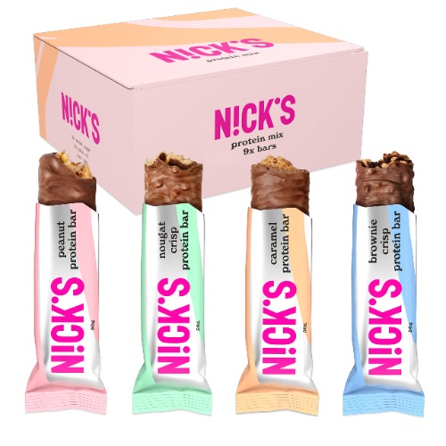 NICKS Coffret Barre Proteinée Keto Chocolat Sans Sucre Ajouté, Sans Gluten, Sans Huile de Palme | 4g Net carbs, 15g Protéines, 5g Collagène, Lowcarb | 9 Barres x 50g