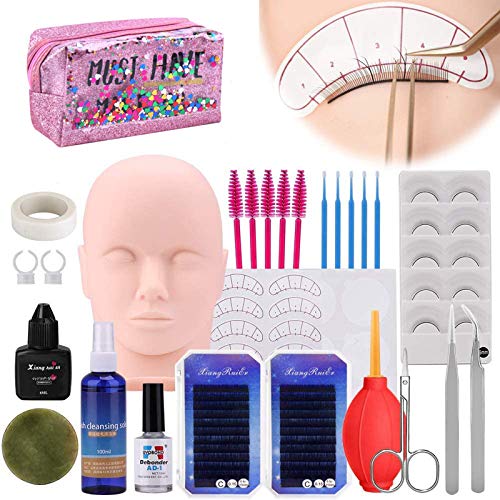 Eyelash Extension Kit, Professional DIY Lash Extension Kit Eyelash Mannequin Head with Cluster Lashes, Eyelash Extension Glue, Eyelash Tweezers, Lash Fan Dryer, Glue Rings
