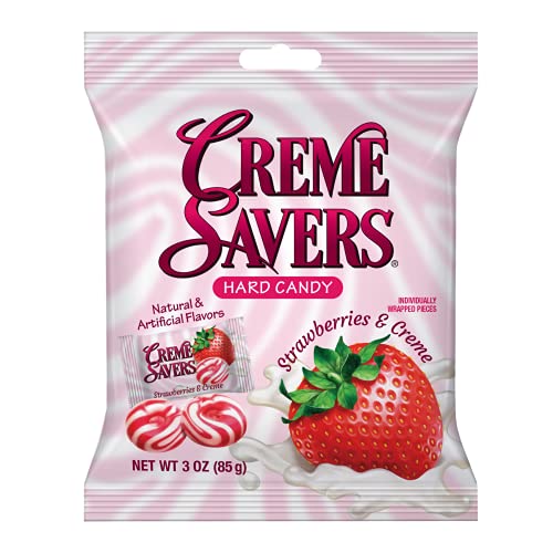 Creme Savers Strawberries and Creme Hard Candy | The Taste of Fresh Strawberries Swirled in Rich Cream | The Original Classic Creme Savers Brought To You By Iconic Candy | 3oz Bag (12 Count) - Strawberries and Creme - 3 Ounce (Pack of 12)