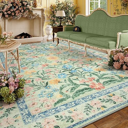 Lahome Boho Light Green Large Area Rugs for Bedroom, Floral Washable Rugs 9x12 Living Room, Soft Non-Slip Thin Rug for Nursery Kids Playroom Girls Home, Tea Green - 9' x 12' - Tea Green