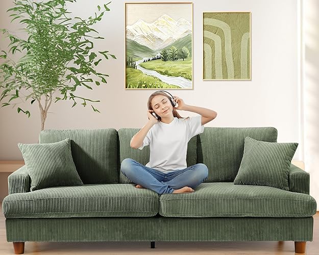 Kidirect 87in Green Sofa, Couches for Living Room 21in Extra Deep Seats, Comfy Corduroy Sofas for Living Room No Tool Assembly, Modern Oversized Love Seat with 2 Pillows, Sofa Couch for Bedroom - 87in Modern - Green