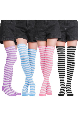 Aneco 4 Pairs Over Knee High Stripe Socks Stripe Thigh High Socks Cosplay Accessories for Woman Girls - Set B 4 Pairs
