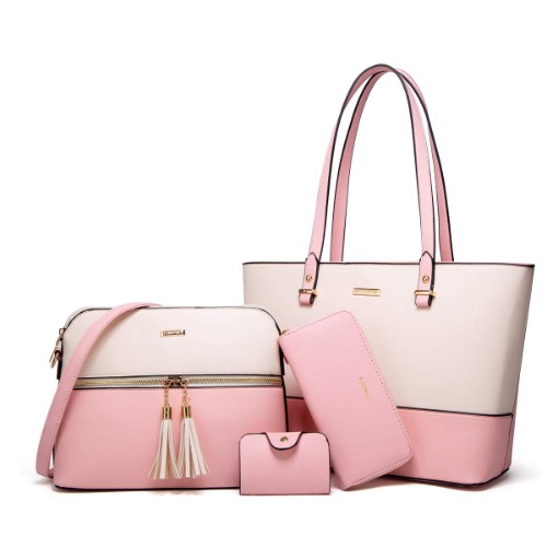 Women's Fashion Synthetic Leather Purse Set 4pcs - Pink, Beige