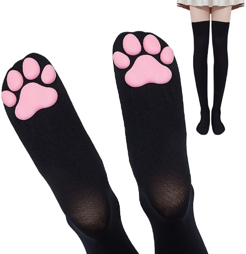 Worldtree Pink Cat Paw Pad Thigh High Socks Cute 3D Kitten Claw Stockings for Girls Women Lolita Cat Cosplay - Black