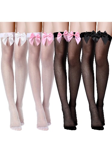 4 Pairs Valentine's Day Women's Bow Lace Thigh High Stockings Over The Knee Socks with Bow Accent for Daily Costume Dress