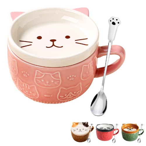 Gifts for Women Her Cute Kawaii Pink Cat Coffee Mugs with Lids,Christmas Birthday Presents for Girls Friend Kids Men Wife Mum Grandma Teacher,Novelty Animal Coffee Ceramic Tea Cup Dessert Saucer Set - Pink Cat $20.99
