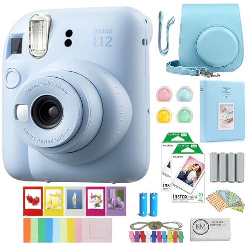FUJIFILM INSTAX Mini 12 Instant Film Camera | Pastel Blue Bundled with INSTAX Mini Instant Film |40 Exposures + Instax Accessory Bundle + AA Batteries + Cleaning Cloth (10 Items) - Pastel Blue - Camera + Film [40] + Accessories