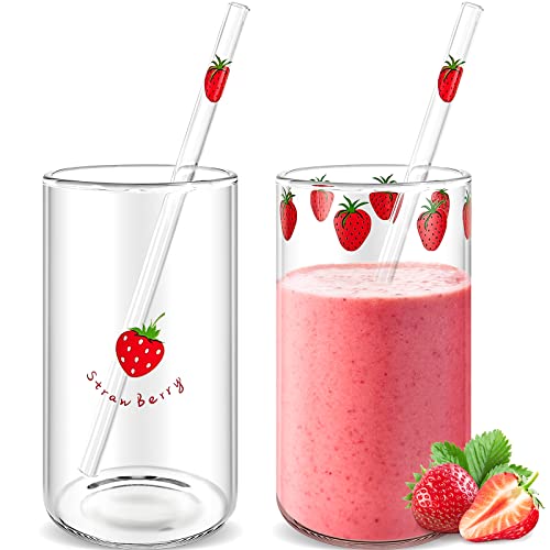 Tessco 2 Sets Strawberry Cups Nana Strawberry Glass Cup with Straw Lovely Glass Tumbler Strawberry Cup Clear Tumbler Strawberry Pattern Glasses Bottle for Juice Water Milk Coffee Tea(Cute) - Cute