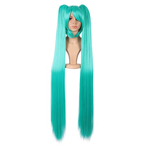 MapofBeauty 48" Straight 2 Clip On Ponytails Cosplay Costume Wig (Mixed Cyan) - Light Blue