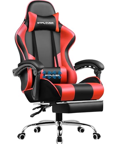 GTPLAYER Gaming Chair, Computer Chair with Footrest and Lumbar Support, Height Adjustable Game Chair with 360°-Swivel Seat and Headrest and for Office or Gaming (Faux Leather, Red) - Red - Faux Leather