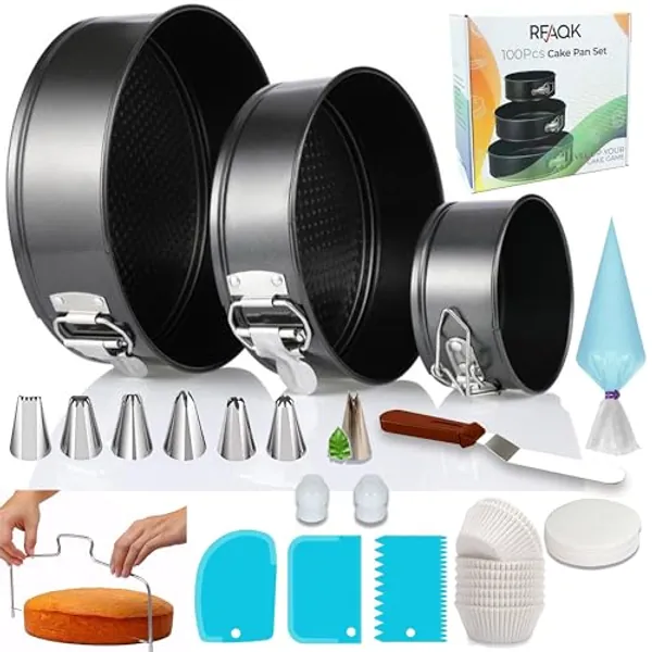 RFAQK 100PCs Cake Pan Sets for Baking + Cake Decorating Kit: 3 Non-Stick Springform Pans Set (4, 7, 9 inches), Piping Tips, Cake Leveler – Multi-functional Leak-Proof CheeseCake Pan & eBook