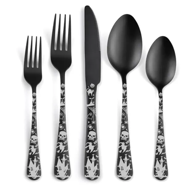 Skull Silverware Set SANLUNS 40 Piece Matte Black Unique Flatware Set for 8,Stainless Steel Fine Dining Utensils Spoons,Forks,Knife Pattern Tableware Durable Cutlery Halloween Home Kitchen,Dishwasher