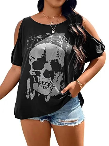 SOLY HUX Women's Plus Size Graphic Tees Skull Print Cold Shoulder Short Sleeve Summer T Shirt Tops