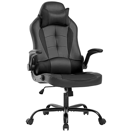 BestOffice PC Gaming Chair Ergonomic Office Chair Desk Chair with Lumbar Support Flip Up Arms Headrest PU Leather Executive High Back Computer Chair for Adults Women Men (Black) - Black