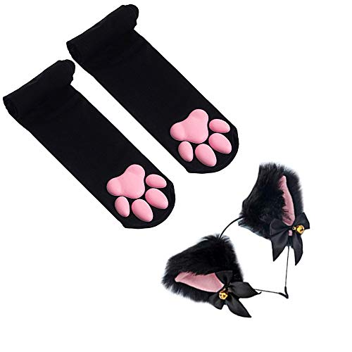 ztowoto Thigh High Socks, Pink 3D Kitten Claw Stockings Cute Cat Paw Pad Socks for Girls Women Cat Cosplay - Black