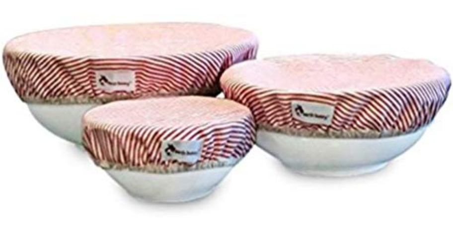 Earth Bunny Fabric Bowl Covers - Red Stripes | Set of 3 - Small, Medium, Large | 100% Cotton Cloth with Elastic Edging | Eco friendly, Washable and Reusable - Red Stripes