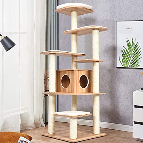 Tangkula Modern Wood Tall Cat Tree/Tower with Multi-Layer Platform, Sisal Rope Scratching Posts,69-Inch Large Kittens Condo Furniture w/Washable Plush Cushions - Natural