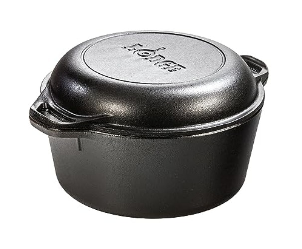 Lodge 5 Quart Pre-Seasoned Cast Iron Double Dutch Oven with Lid - Dual Handles - Lid Doubles as 10.25 Inch Cast Iron Grill Pan - Use in the Oven, on the Stove, on the Grill or over the Campfire - Black - 5 Quart - Double Dutch