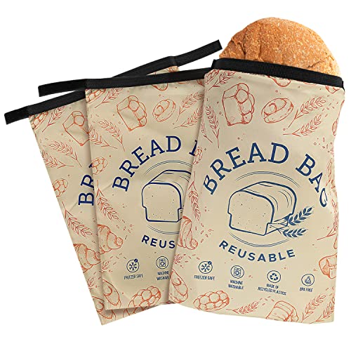 IMPRESA [3 Pack] Reusable Bread Bags for Homemade Bread - Double Seal Bread Freezer Bags to Lock in Freshness - Dishwasher & Washing Machine Safe Reusable Bread Bag - Bread Keeper Bag - Reusable