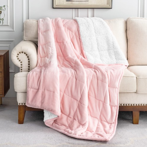 Uttermara Sherpa Fleece Weighted Blanket for Adults, 15 lbs Thick Fuzzy Bed Blanket, Ultra Cozy Sherpa and Super Soft Flannel Full Size Throw Blanket for Sofa Bed, 60 x 80 inches, Pink - Pink 60" x 80" 15lbs