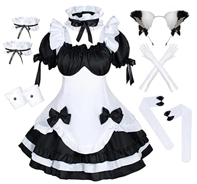 Anime French Maid Lolita Fancy Queen Princess Dress Cosplay Costume Furry Cat Ear Gloves Socks set - 5X-Large - Black 2