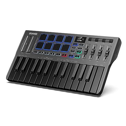 Donner DMK25 Pro MIDI Keyboard Controller, 25 Mini Key Portable USB-C MIDI Keyboard with 8 Drum Pads, OLED Display, Personalized Touch Bar, Music Production Software and 40 Free Courses - Mini Size Key with 8 Backlit Drum - 25 Key