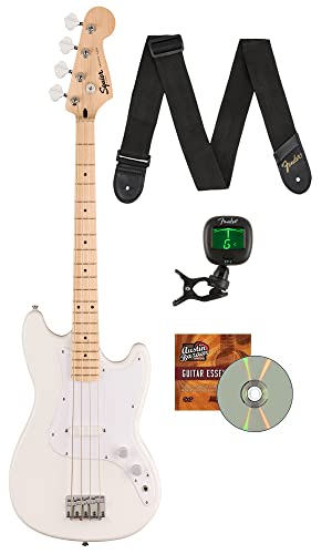 Fender Squier Sonic Bronco Bass Guitar, Maple Fingerboard, Bundle with Fender Tuner, Guitar Strap, and Austin Bazaar Instructional DVD - Arctic White - Sonic Bronco Bass w/ Tuner - Arctic White
