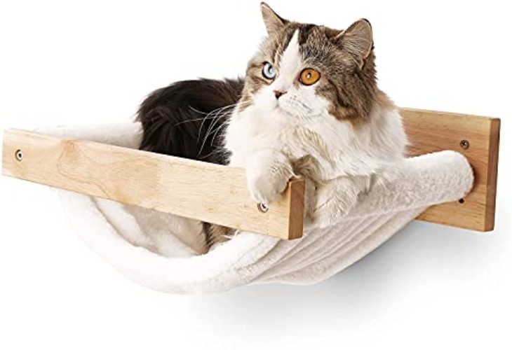 FUKUMARU Cat Hammock Wall Mounted, Kitty Beds and Perches, Wooden Cat Wall Furniture, Stable Cat Wall Shelves for Sleeping, Playing, Climbing, and Lounging, White Flannel Cat Shelves - M-White Flannel