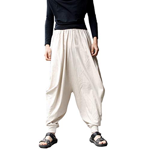 BITLIVE Men's Cotton Linen Plus Size Stretchy Waist Casual Ankle Length Pants, One Size - Beige