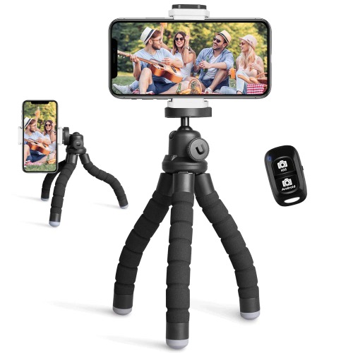 Phone Tripod Stand, Portable Cellphone Camera Tripod with Bluetooth Remote, Compatible with iPhone and Android Phone, Great for Selfies/Vlogging/Streaming - Black