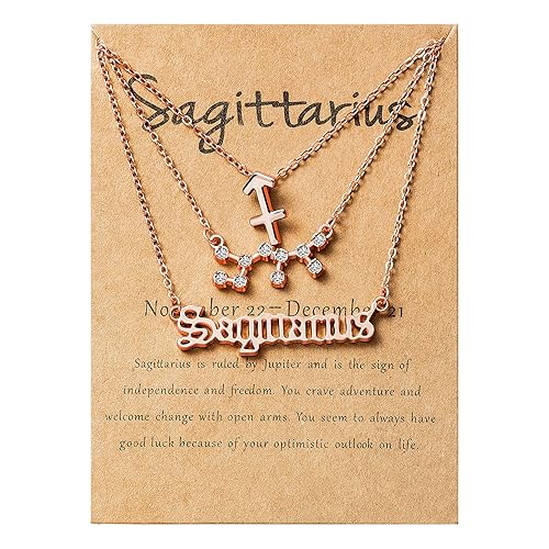 PANTIDE 3Pcs Constellation Zodiac Layer Necklaces for Women Girls, Retro 14K Gold Plated 12 Constellation Pendant Necklace Exquisite Letter Horoscope Old English Zodiac Sign Jewelry Birthday Gift - Sagittarius-Rose Gold