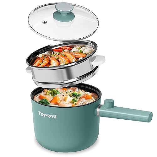 Topwit Hot Pot Electric with Steamer, 1.5L Ramen Cooker, Non-Stick Frying Pan, Electric Pot for Pasta, BPA Free, Electric Cooker with Dual Power Control, Over-Heating & Boil Dry Protection, Green - 1.6 Quarts - Green 1