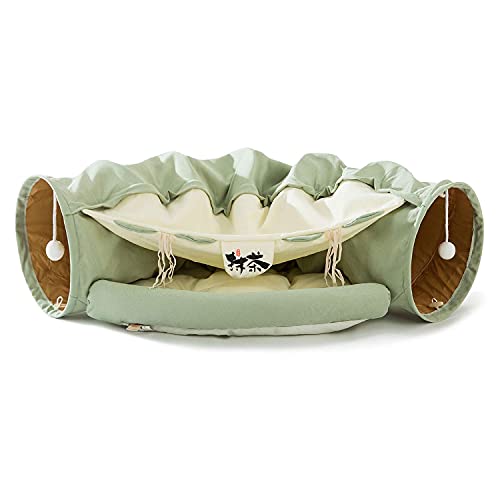 HIPIPET Tunnel for Indoor, Tube with Collapsible Washable Bed,Premium Toy for Small Medium Large cat.(Matcha) - Matcha